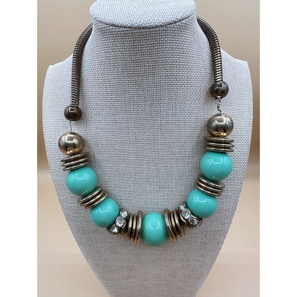 Aqua Blue Chunky Bead Necklace Silver Tone Rhinestone Statement Vintage Boho